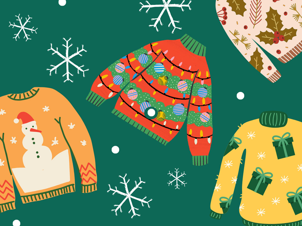 illustration of several ugly sweater design mixed with snowflakes